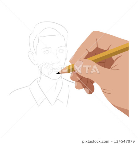 A hand sketching a face with a pencil in a minimal flat vector illustration A hand sketching a face with a pencil in a minimal flat vector illustration 124547079