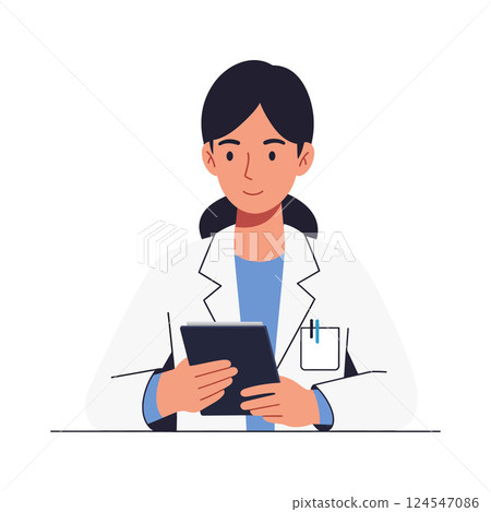 Medical professional in a white coat using a tablet, flat vector illustration depicting healthcare and technology Medical professional in a white coat using a tablet, flat vector illustration depicting healthcare and technology 124547086