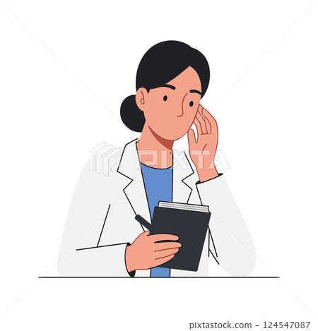 Professional woman in white lab coat pondering over notebook in flat vector illustration Professional woman in white lab coat pondering over notebook in flat vector illustration 124547087