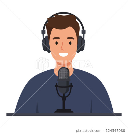 Young male podcaster with headphones speaking into microphone in flat vector illustration Young male podcaster with headphones speaking into microphone in flat vector illustration 124547088