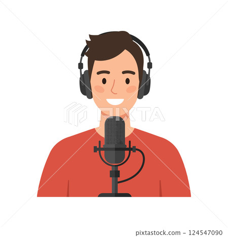 Young man with headphones smiling while speaking into a microphone in a flat vector illustration Young man with headphones smiling while speaking into a microphone in a flat vector illustration 124547090