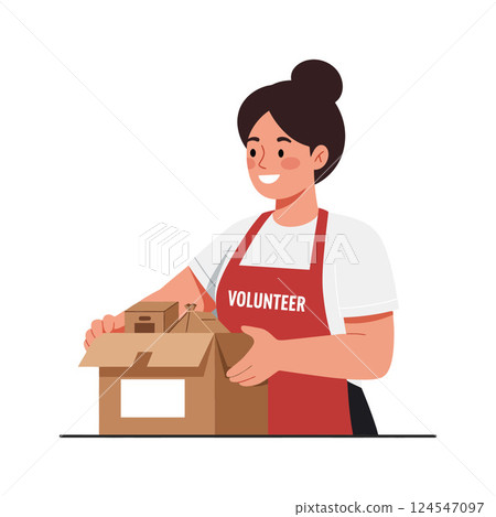 A smiling woman in a red volunteer apron holding a cardboard box in flat vector art 124547097