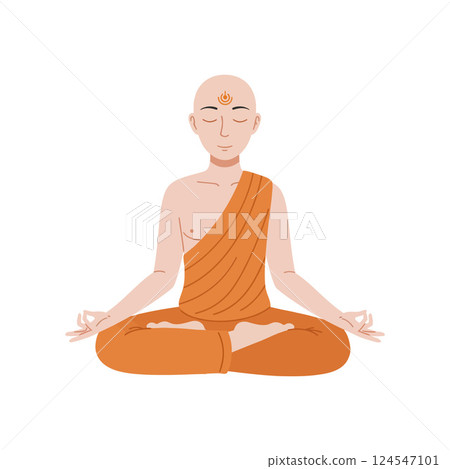 Meditating monk in orange robe practicing mindfulness in a serene and peaceful setting vector illustration Meditating monk in orange robe practicing mindfulness in a serene and peaceful setting vector illustration 124547101