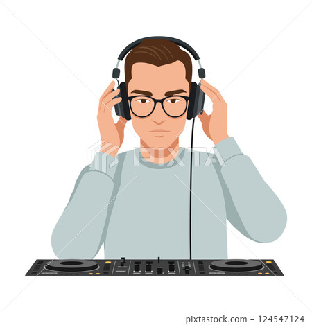 Young male DJ wearing headphones, focused on mixing music at a turntable, modern flat vector illustration Young male DJ wearing headphones, focused on mixing music at a turntable, modern flat vector illustration 124547124
