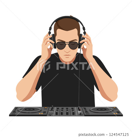 DJ focused on mixing tracks at a turntable in minimal vector art DJ focused on mixing tracks at a turntable in minimal vector art 124547125