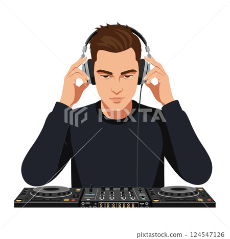 Young male DJ wearing headphones focused on mixing tracks at a digital turntable in flat vector art Young male DJ wearing headphones focused on mixing tracks at a digital turntable in flat vector art 124547126