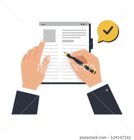 Hands holding a document while writing with a pen in flat vector illustration Hands holding a document while writing with a pen in flat vector illustration 124547192