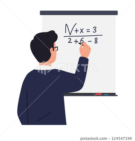 Teacher writing mathematical equation on whiteboard in flat vector illustration style 124547199