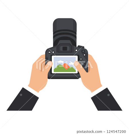 Hands holding a camera capturing a scenic landscape in flat vector art 124547200