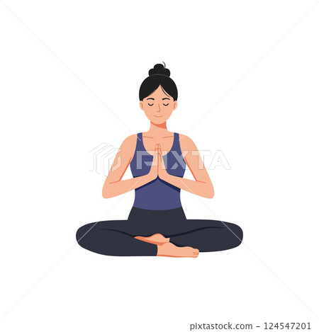 A woman practicing meditation in a serene pose with flat design vector art A woman practicing meditation in a serene pose with flat design vector art 124547201