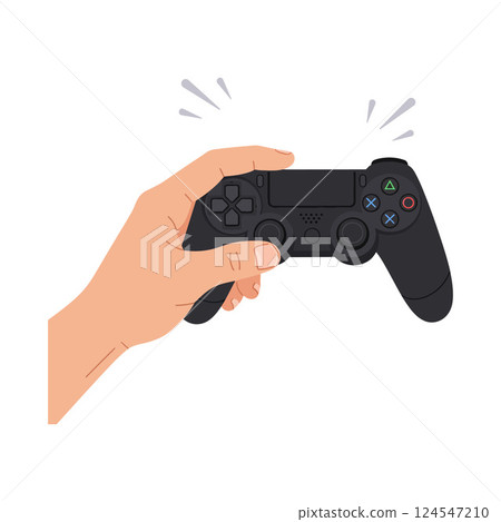 A hand holding a black gaming controller with action lines in a minimal style vector illustration 124547210