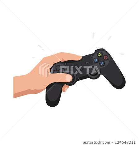 Hand gripping a black gaming controller in a flat design style vector illustration Hand gripping a black gaming controller in a flat design style vector illustration 124547211