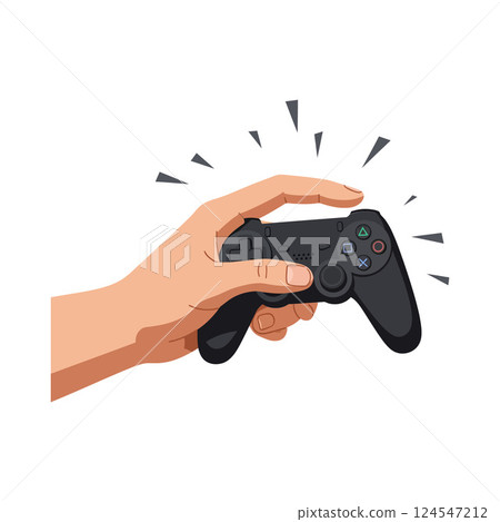 Hand holding a black game controller with excitement in a flat vector illustration 124547212