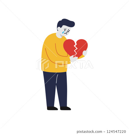 A sad man holding a broken heart symbol in a flat vector illustration depicting heartbreak and emotional distress A sad man holding a broken heart symbol in a flat vector illustration depicting heartbreak and emotional distress 124547220