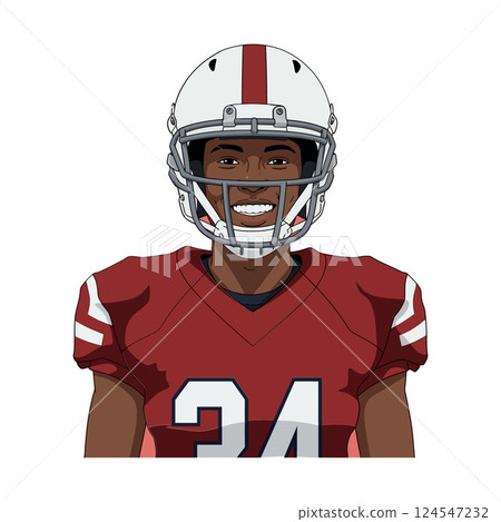Football player in a red jersey and helmet smiling confidently, minimal vector art Football player in a red jersey and helmet smiling confidently, minimal vector art 124547232