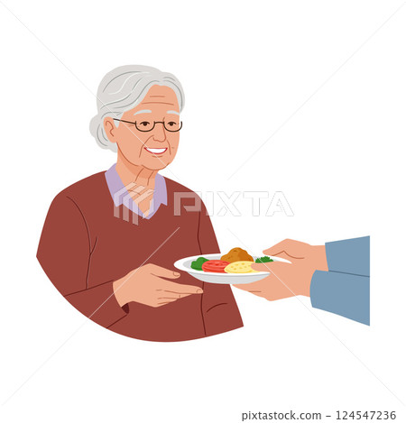 Elderly woman smiling while receiving a plate of food, flat vector illustration of kindness and care Elderly woman smiling while receiving a plate of food, flat vector illustration of kindness and care 124547236