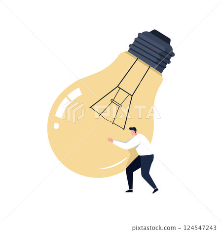 A man pushing a large light bulb in a minimal design style vector illustration A man pushing a large light bulb in a minimal design style vector illustration 124547243