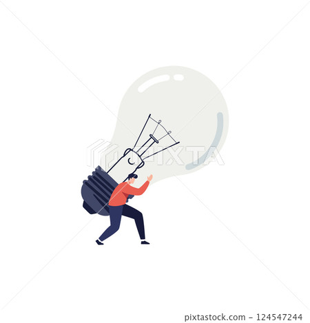A determined man carrying a large light bulb in a minimal vector illustration showcasing innovation and creativity A determined man carrying a large light bulb in a minimal vector illustration showcasing innovation and creativity 124547244