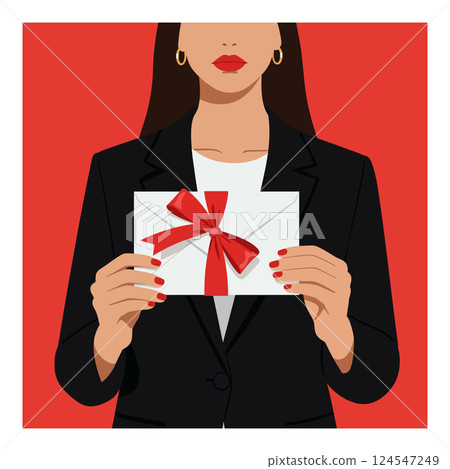 A woman in a black suit holding a gift-wrapped envelope with a red bow in flat vector art 124547249
