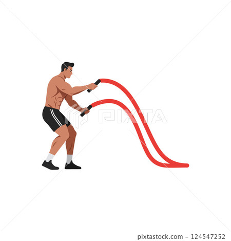 Athletic man vigorously exercising with battle ropes in a flat, bold style vector illustration Athletic man vigorously exercising with battle ropes in a flat, bold style vector illustration 124547252