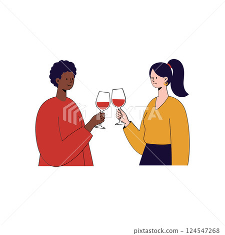 Two friends clinking wine glasses in a cheerful celebration flat vector illustration Two friends clinking wine glasses in a cheerful celebration flat vector illustration 124547268