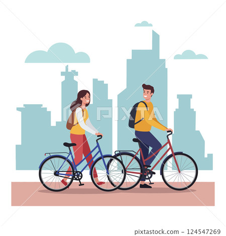 Two cyclists enjoying a sunny day in a vibrant cityscape, flat vector illustration 124547269