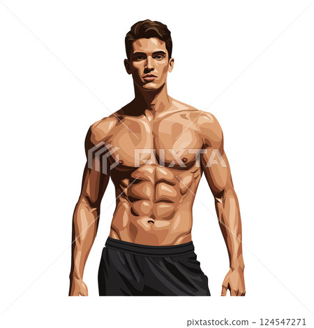 Muscular young man standing confidently in athletic shorts showcasing defined abs in detailed vector art Muscular young man standing confidently in athletic shorts showcasing defined abs in detailed vector art 124547271