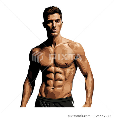 Muscular man standing confidently with defined abs in flat vector art style 124547272