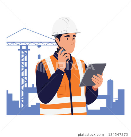 Construction worker in safety gear using tablet while on site, flat vector illustration Construction worker in safety gear using tablet while on site, flat vector illustration 124547273