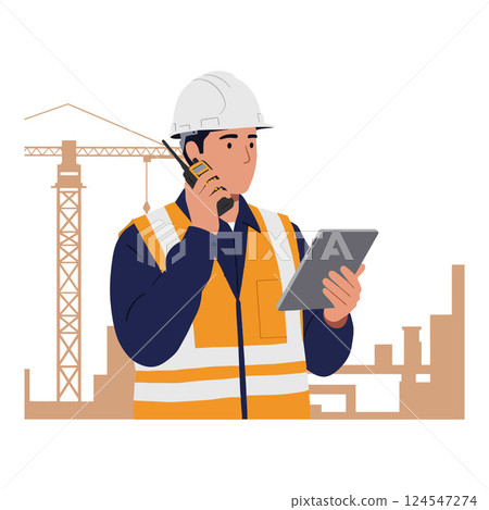 Construction worker in safety gear using tablet and radio on site, flat vector illustration Construction worker in safety gear using tablet and radio on site, flat vector illustration 124547274