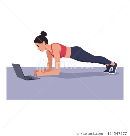 Woman performing a plank exercise while focused on her laptop in minimal vector illustration Woman performing a plank exercise while focused on her laptop in minimal vector illustration 124547277