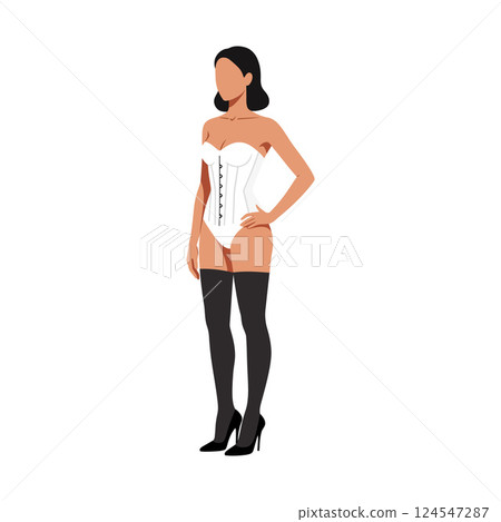 Elegant woman in a fitted white corset and black thigh-high stockings, minimal vector illustration 124547287