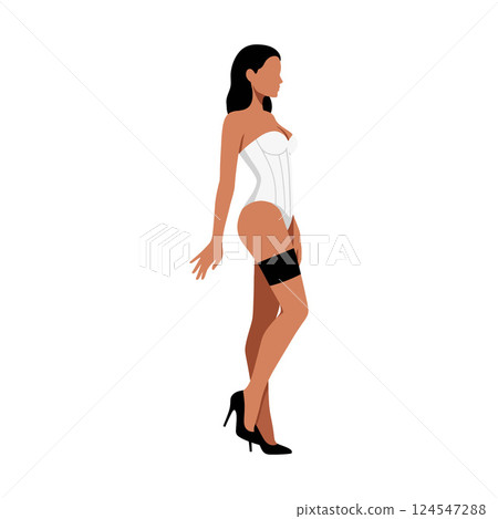 Confident woman in elegant corset dress showcasing allure in minimal flat vector illustration 124547288