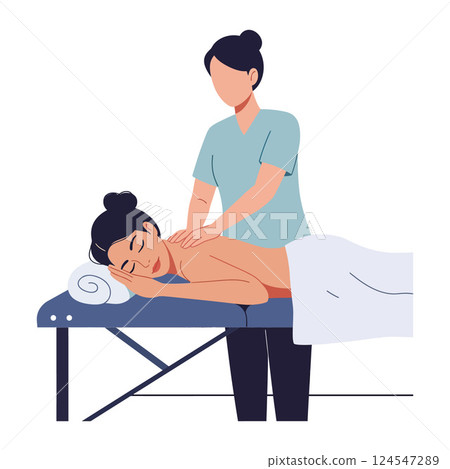 Woman receiving a relaxing massage from a therapist in a flat vector illustration style 124547289