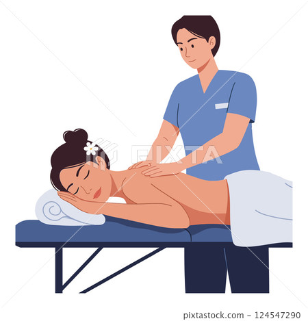 Massage therapist giving a soothing back massage to a relaxed woman in a minimal vector illustration Massage therapist giving a soothing back massage to a relaxed woman in a minimal vector illustration 124547290