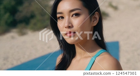 Athletic young woman in sportswear posing confidently in various outdoor and studio settings 124547301