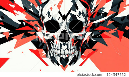 Geometric Skull Abstract Cover Header with Angular Designs in Black, White, and Red for Striking Visual Impact. 124547332