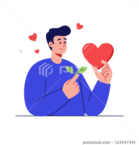 A man holding a green leaf and a red heart in a flat vector illustration with feelings of love and nature 124547345