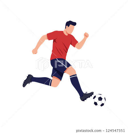Soccer player in red jersey energetically kicking a black and white ball in a minimal vector illustration 124547351