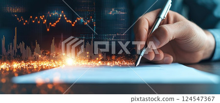 Digital Democracy Decision Making, Futuristic Election Day Voting Scene with Hand Holding Pen, Data Visualized as Graphs Digital Democracy Decision Making, Futuristic Election Day Voting Scene with Hand Holding Pen, Data Visualized as Graphs 124547367
