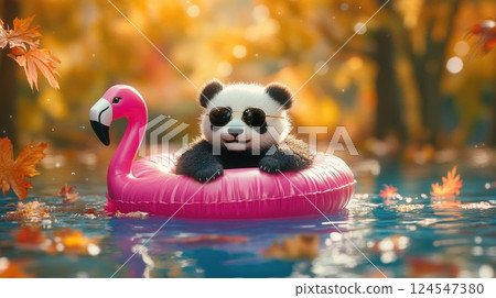 A tiny panda looking effortlessly cool in aviator sunglasses enjoys a leisurely float on an inflatable flamingo in a pool 124547380