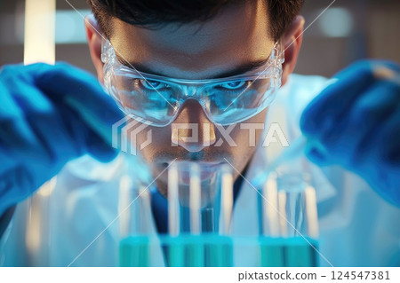 A man in a lab coat is wearing blue gloves and goggles as he looks into a beaker 124547381