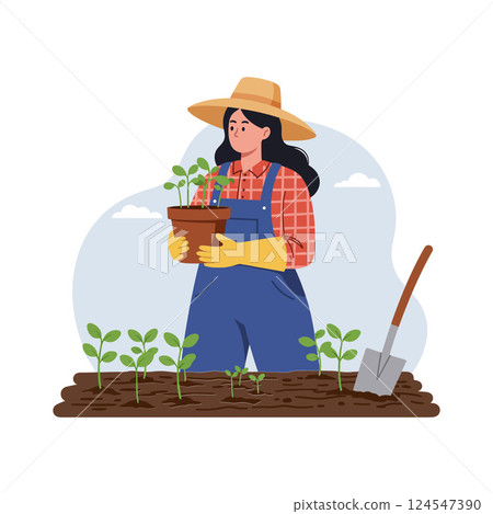 Gardener holding a potted plant in a sunny field in flat vector art Gardener holding a potted plant in a sunny field in flat vector art 124547390
