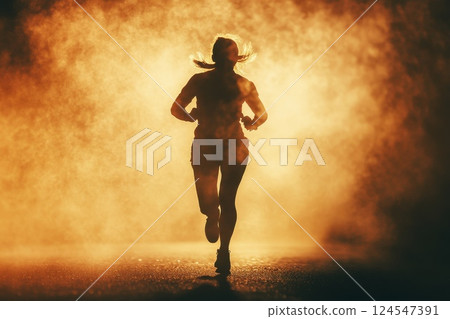 Runner Silhouette in Dramatic Orange Smoke at Sunset Creating Inspiring Fitness Vibe 124547391