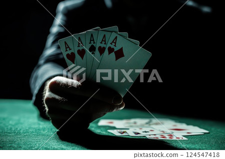Hand Holding Four Aces in Dim Light at Poker Table with Green Felt Background Hand Holding Four Aces in Dim Light at Poker Table with Green Felt Background 124547418