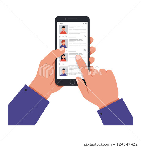 Hands holding a smartphone displaying profile listings in a flat design vector illustration Hands holding a smartphone displaying profile listings in a flat design vector illustration 124547422
