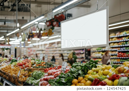 an empty white banner hangs above the produce section, Fresh Deals Promotion in Bright Supermarket 124547425