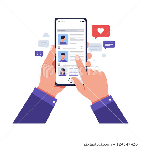 Hands holding a smartphone displaying social media profiles in flat vector illustration 124547426