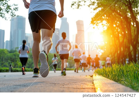 Dynamic Morning Jogging Through Urban Park Amidst Skyscrapers with Soft Sunlight Glimpsing Through Trees, Epitomizing Healthy Lifestyle and Community Spirit 124547427