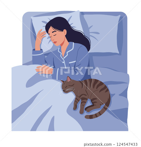 A woman in blue pajamas lying in bed with her cat in a soothing flat vector illustration A woman in blue pajamas lying in bed with her cat in a soothing flat vector illustration 124547433